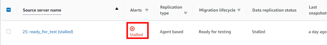 Source server row showing "Stalled" alert status for a server ready for testing.