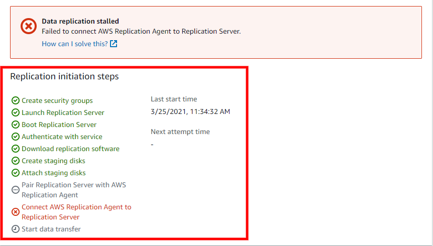 Replication initiation steps with error at connecting AWS Replication Agent to Replication Server.