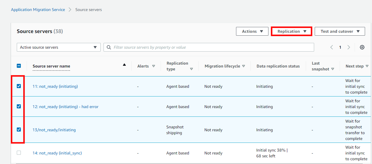 Source servers page showing three selected servers with different replication types and statuses.