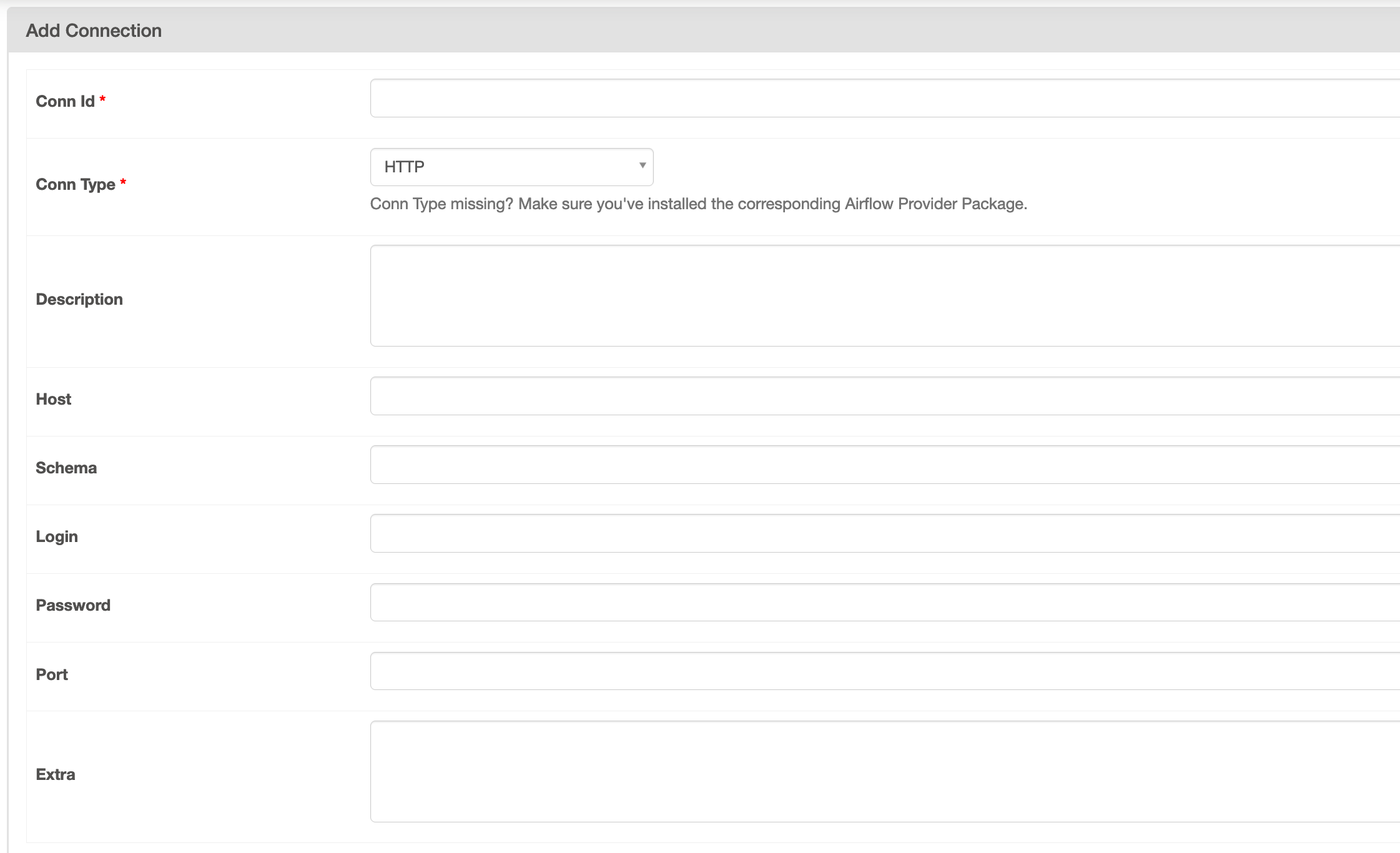 This image shows the HTTP connection type in the Apache Airflow UI.