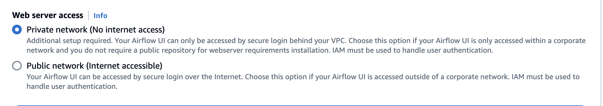 This image shows where to find the Private network option on the Amazon MWAA console.