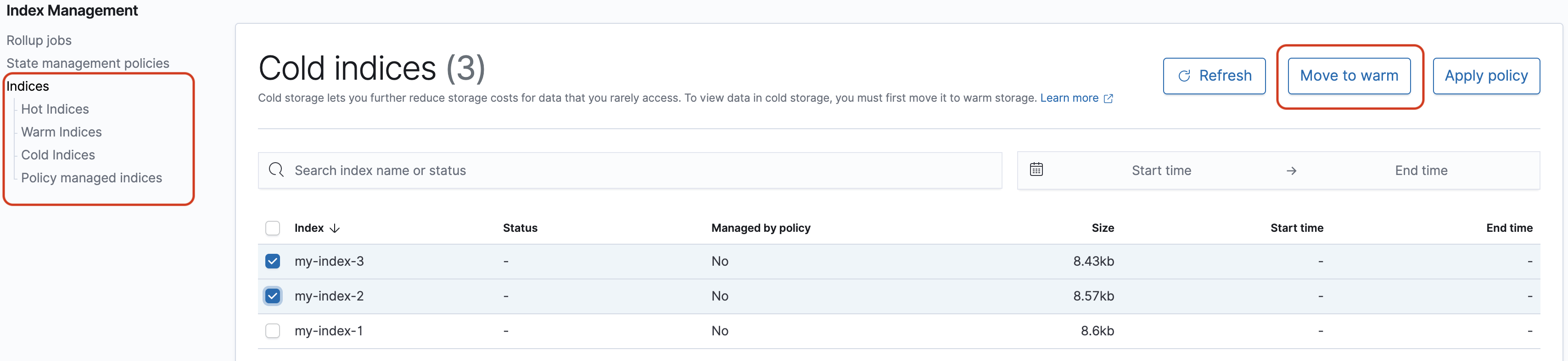 Index management interface showing cold indices with options to move to warm storage.