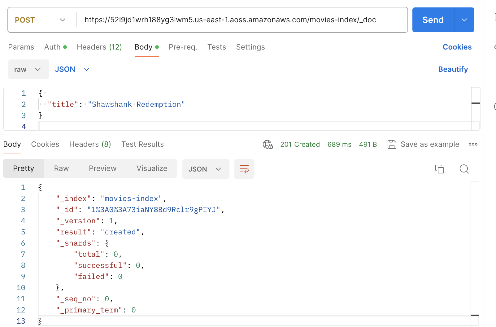 JSON response showing creation of a "movies-index" with successful result and no shards.