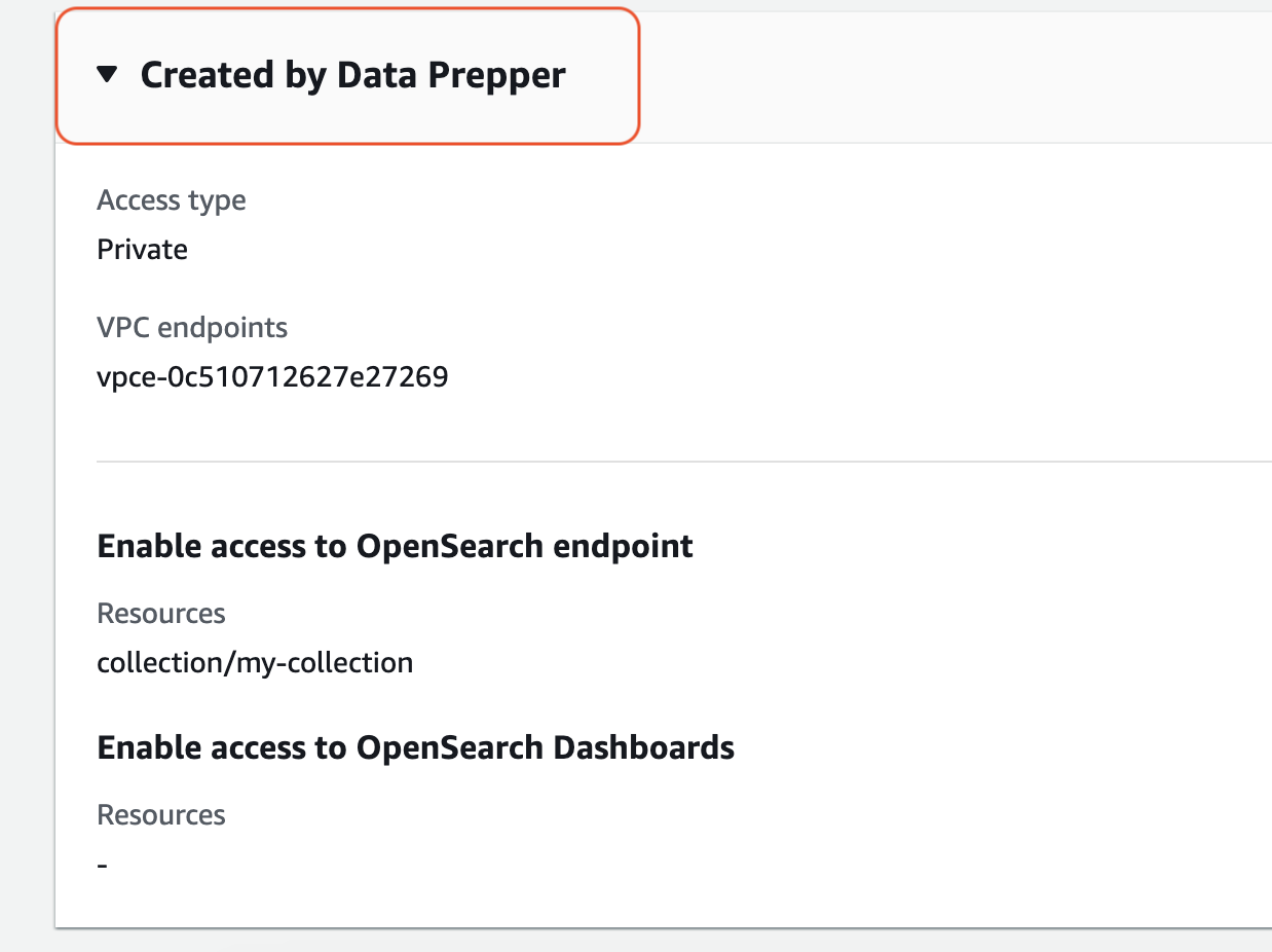 Configuration details for OpenSearch endpoint access, including VPC endpoint and resources.