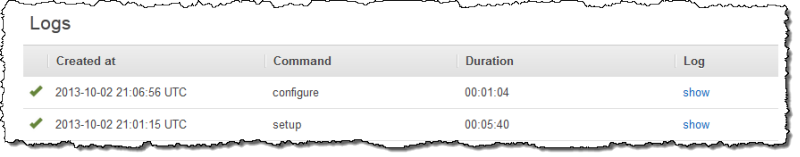 Logs section showing configure and setup commands with timestamps and durations.