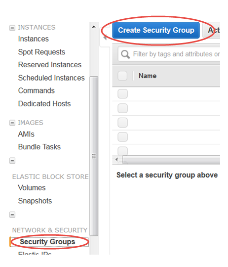 AWS console interface showing Security Groups menu and Create Security Group button.