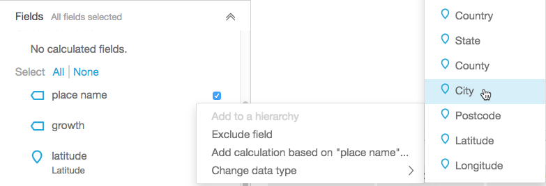 Dropdown menu showing geospatial data types including Country, State, County, City, and more.