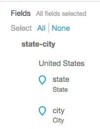 Fields pane showing state-city grouping with United States, state, and city options.