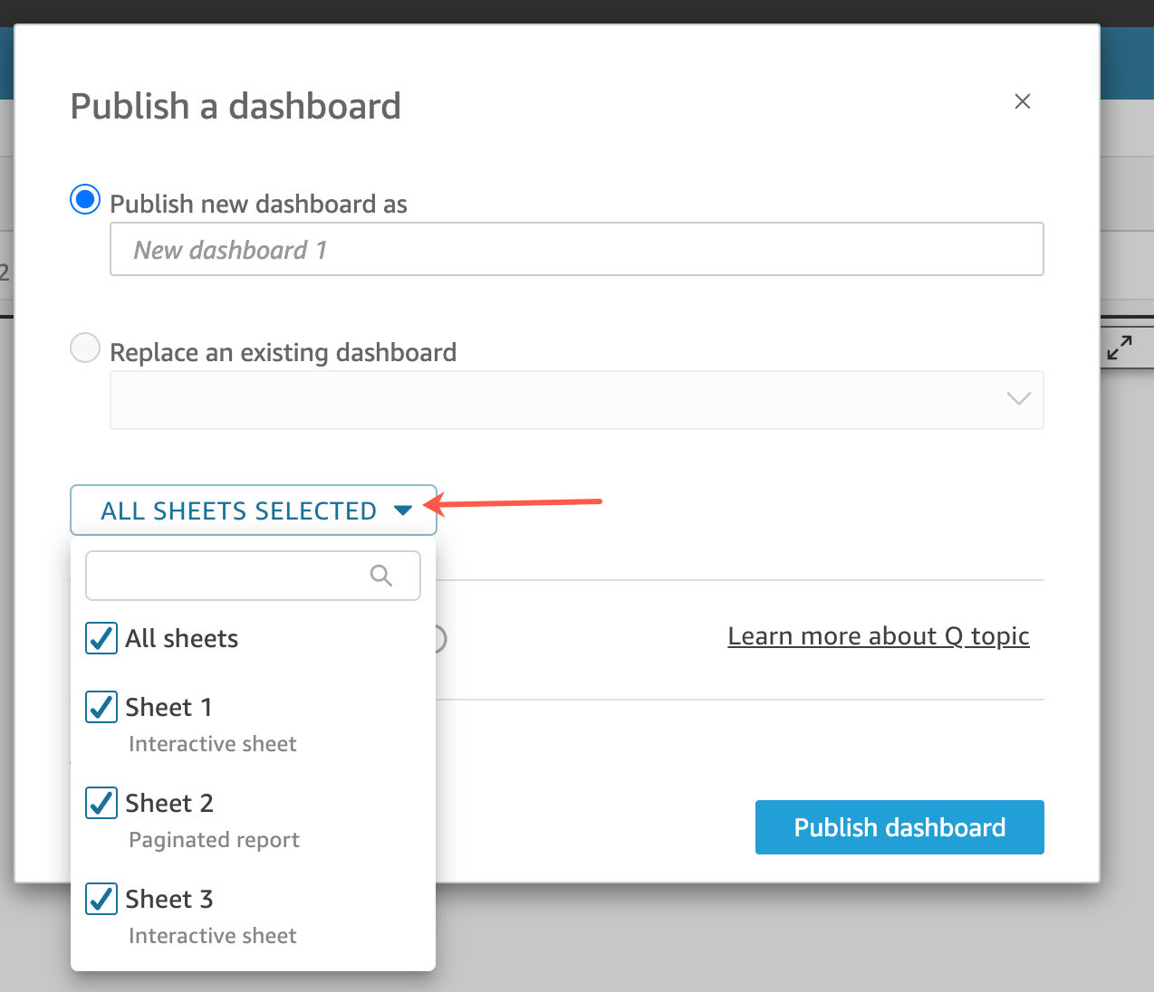 Dashboard publishing options with sheet selection dropdown showing all sheets selected.