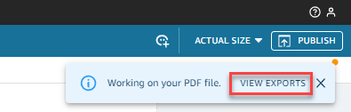 Blue pop-up notification indicating PDF preparation with a "View exports" button.