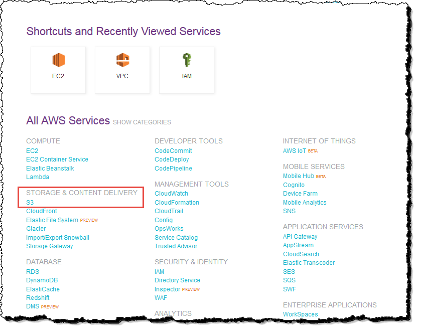 AWS console showing shortcuts, recently viewed services, and categories of AWS services.