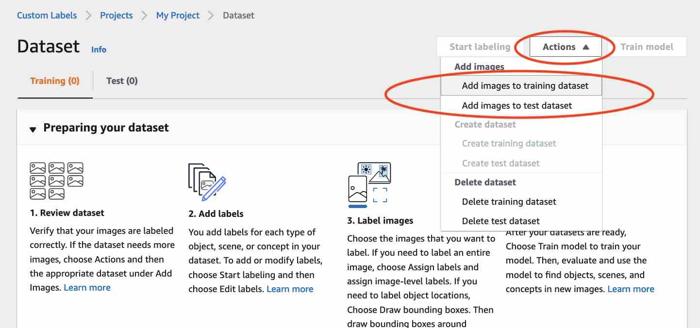 Dataset view showing options to add images to training and test datasets under the Actions menu.