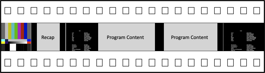 Color bars, recap segment, two program content segments, and black frames representing a show or movie timeline.