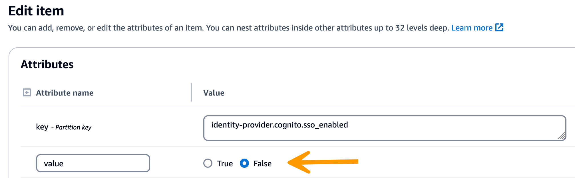 The DynamoDB console with the Edit item screen for the sso_enabled key value.