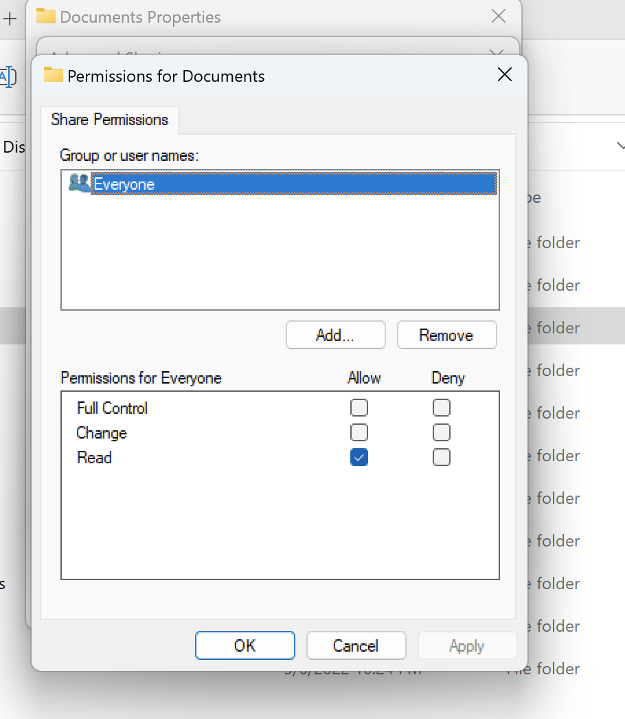 Share permissions can be set to Allow or Deny for Full Control, Change, or Read