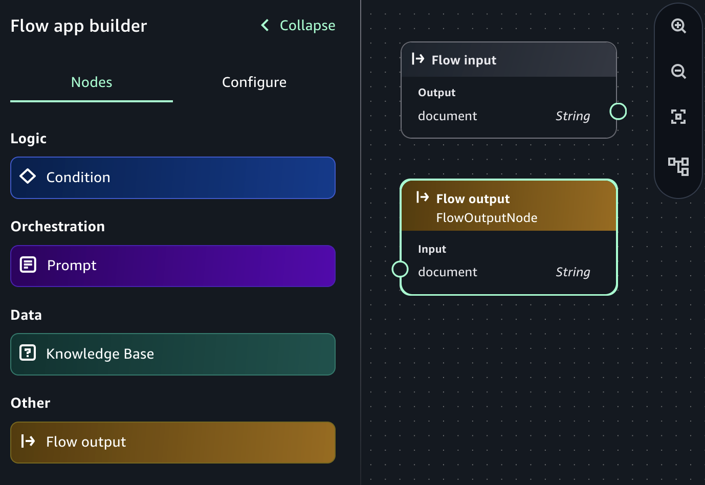 Input and output nodes in an empty Amazon Bedrock IDE flow app.