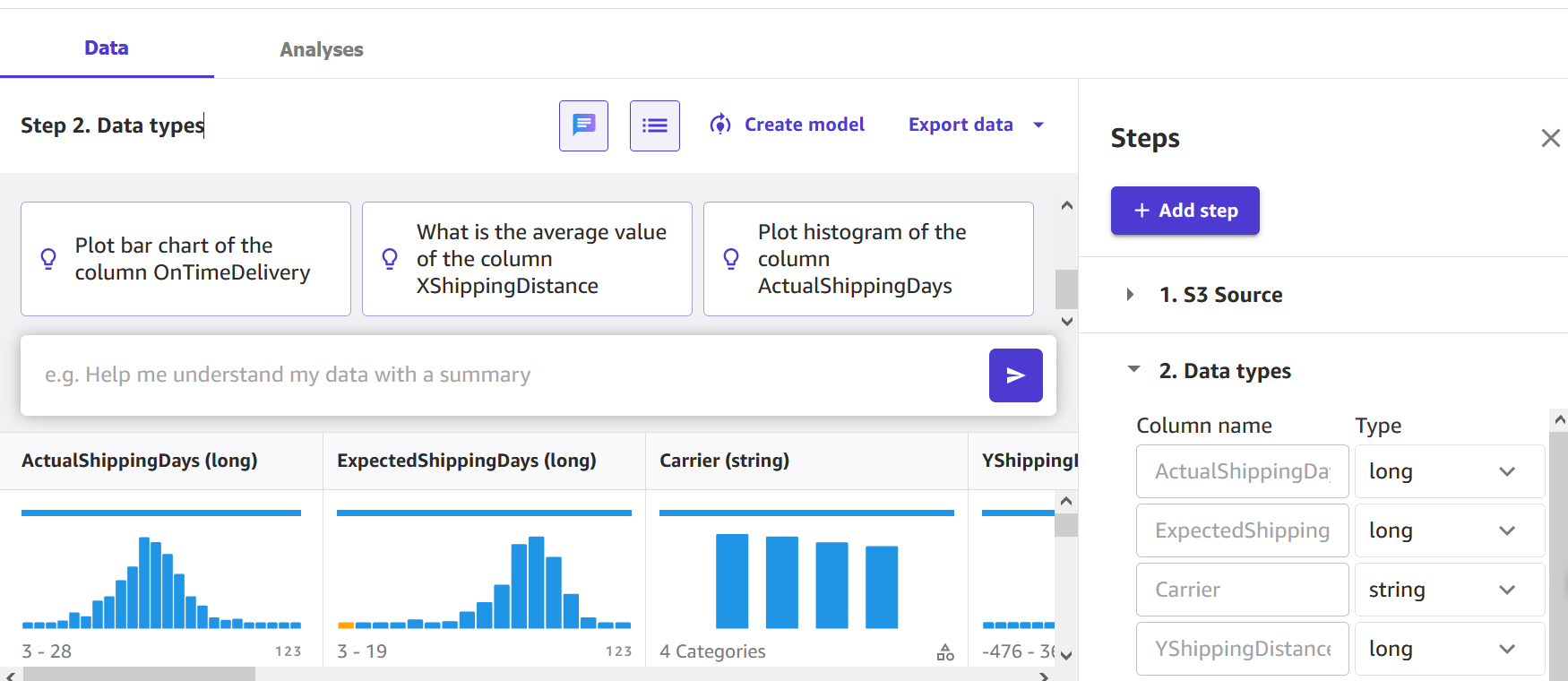 Chat for data prep is at the top of the screen