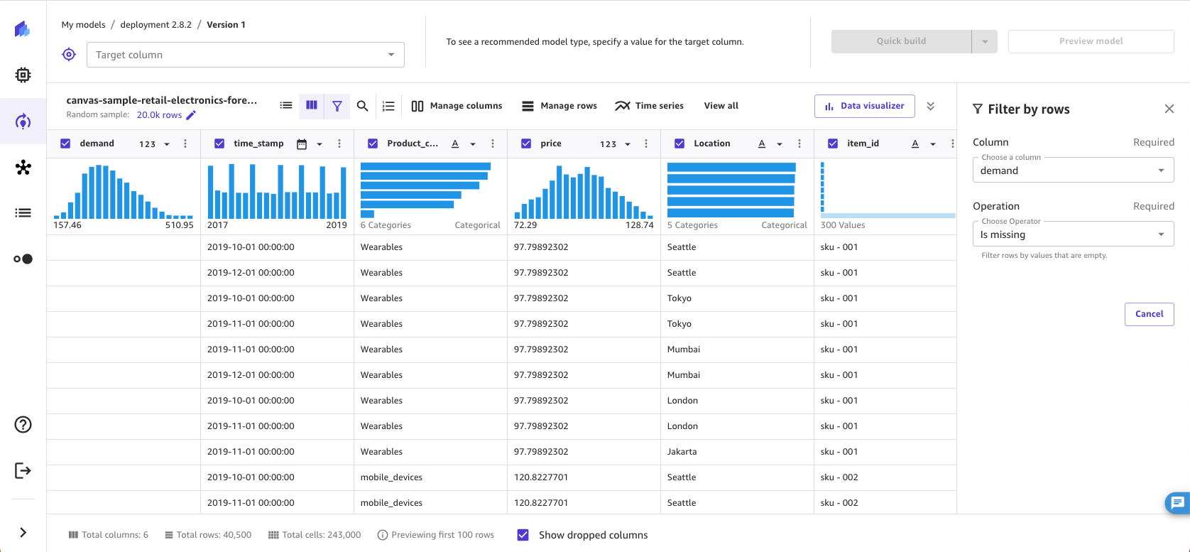 Screenshot of the filter by missing values operation in the SageMaker Canvas application.