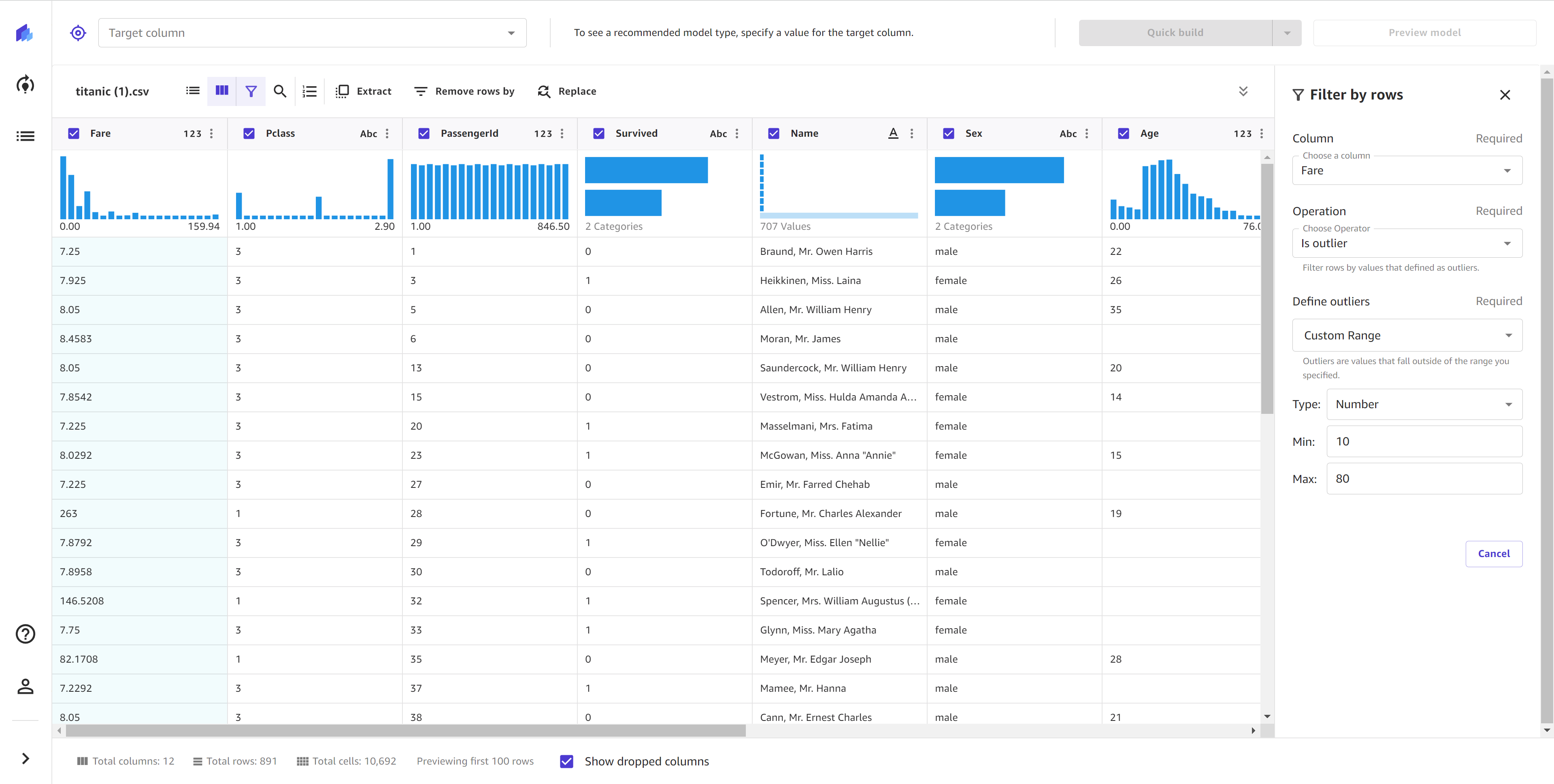 Screenshot of the filter by outliers operation in the SageMaker Canvas application.