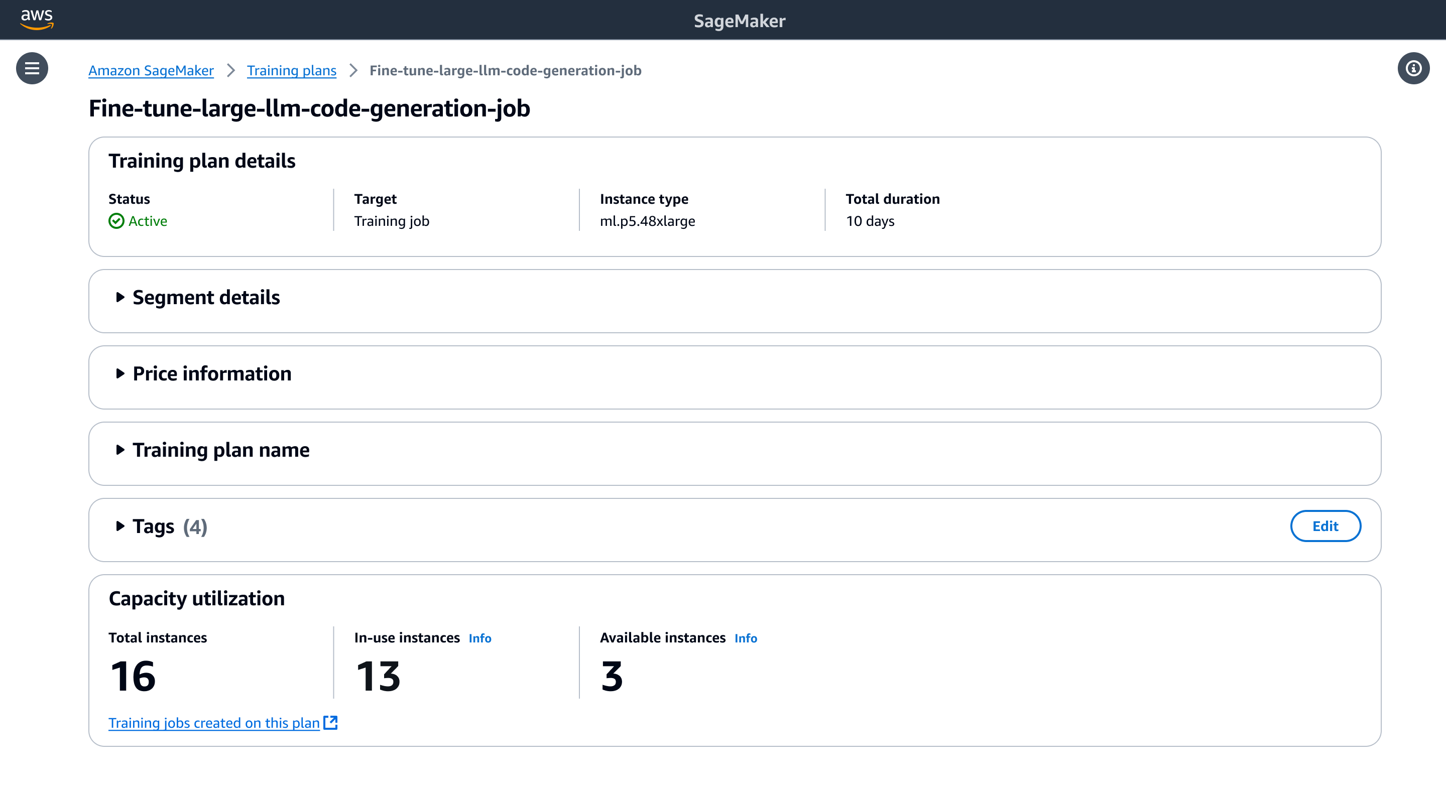 SageMaker AI console page displaying details of a training plan. The page shows basic plan information, status, and instance details. Below are expandable sections for additional details. At the bottom, a capacity utilization section shows total, in-use, and available instances for the plan.