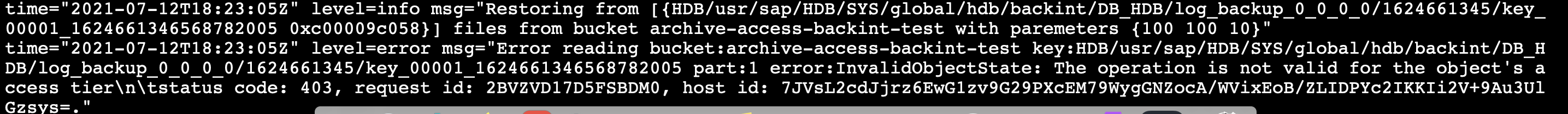 Image showing a 'No data backups found' error and the agent log message 'The operation is not valid for the objects' access tier'.