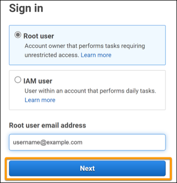 Root user entering their email address in to the AWS Management Console.