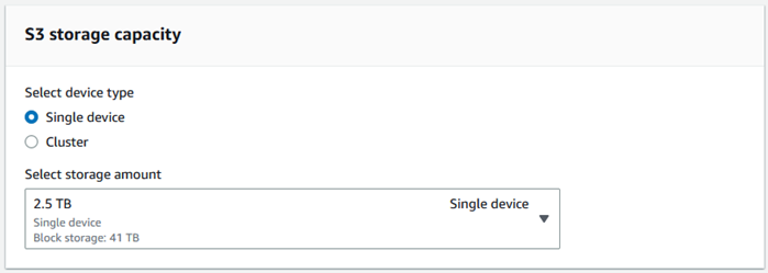 S3 storage capacity panel showing single device selected as the device type and storage amount.