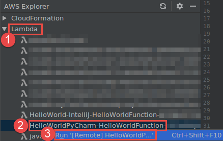 Running the remote version of a Lambda function by starting from AWS Explorer