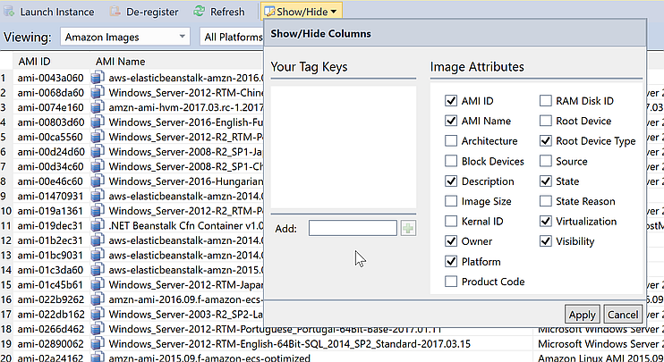 Interface showing Amazon Images list with AMI details and column configuration options.