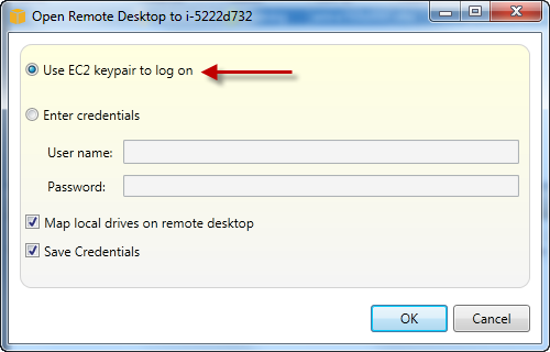 Remote Desktop connection dialog with EC2 keypair login option selected and highlighted.