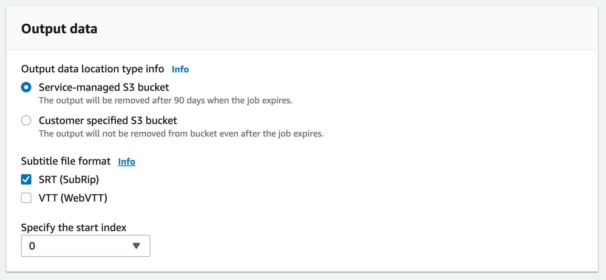 Amazon Transcribe console screenshot: the 'output data' pane on the 'specify job details' page.