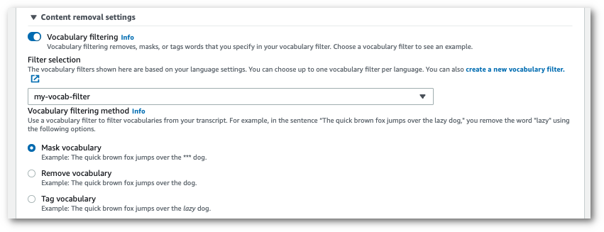 Amazon Transcribe console screenshot: the expanded 'content removal settings' pane.