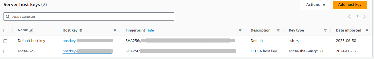 The Server host keys console section.