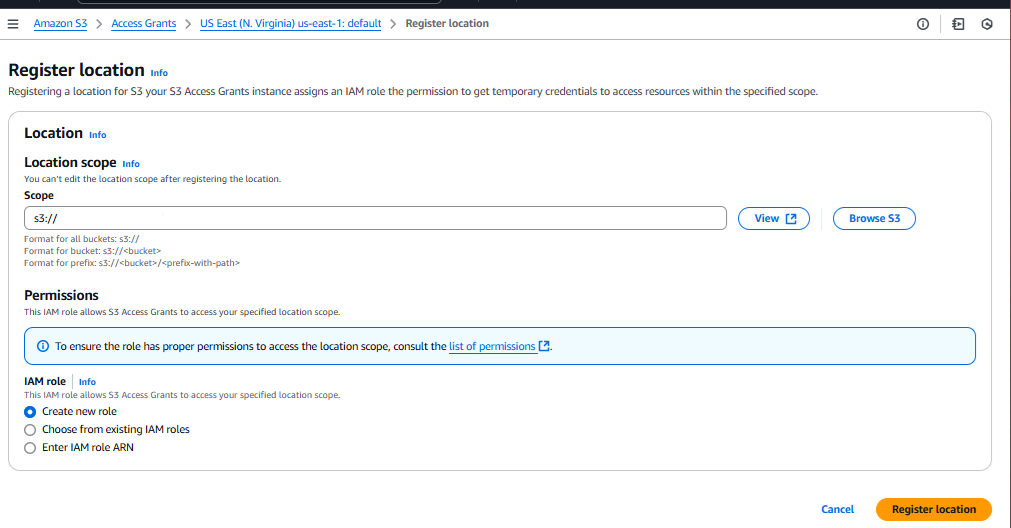 Screen showing the Amazon S3 Register S3 Buckets or prefixes as locations dialog with default Scope and Create new role settings.