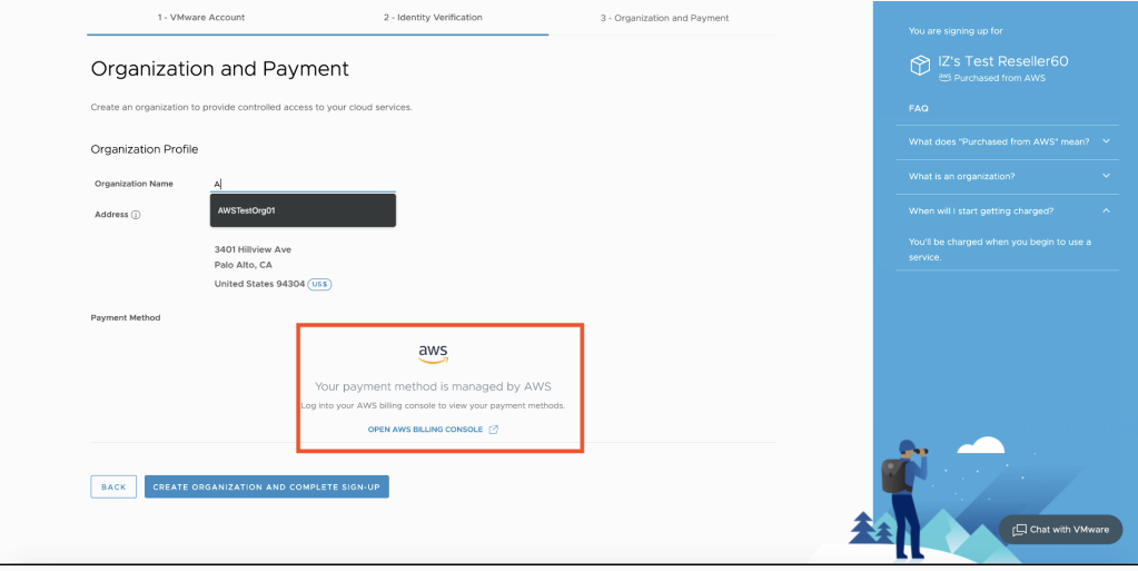 The Organization and Payment screen. Enter the Organization name.