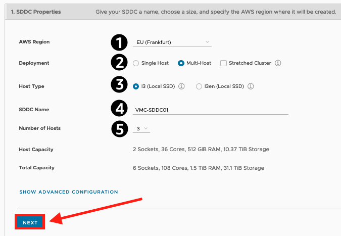 A screenshot of the SDDC Properties screen. Enter the SDDC properties and choose NEXT Enter the SDDC properties and choose NEXT.