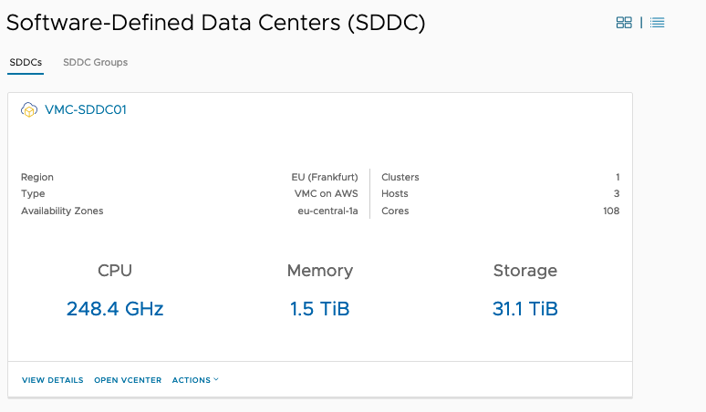 A screenshot showing a successfully deployed SDDC .