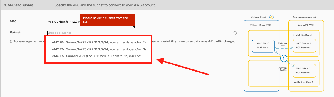 A screenshot of the VPC and subnet screen. Select your previously-configured VPC and subnet. .