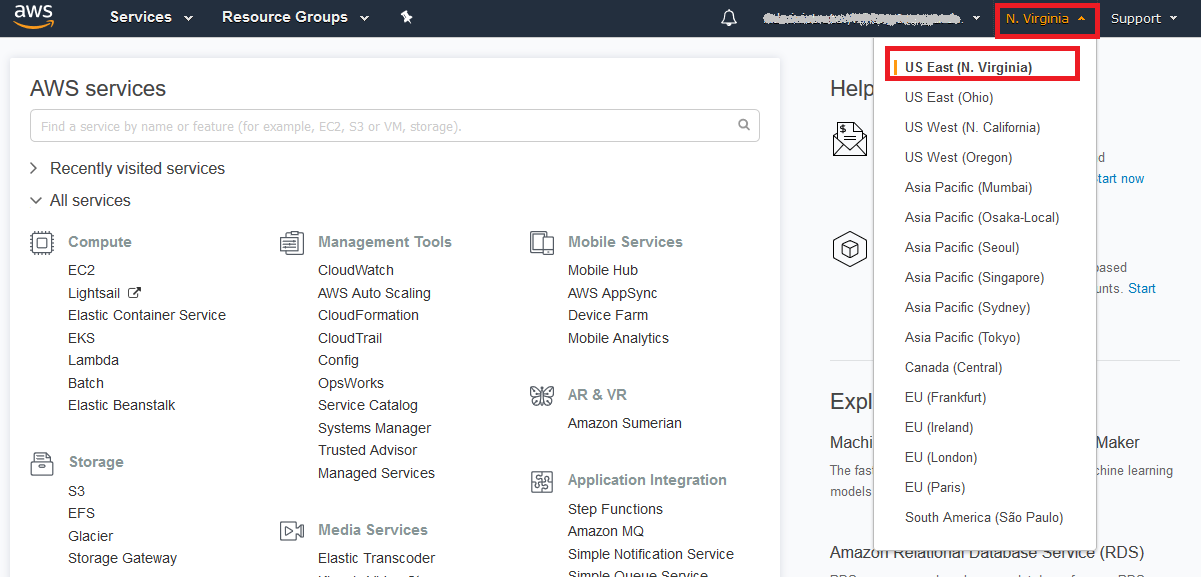 AWS services dashboard with region selection dropdown showing US East (N. Virginia).