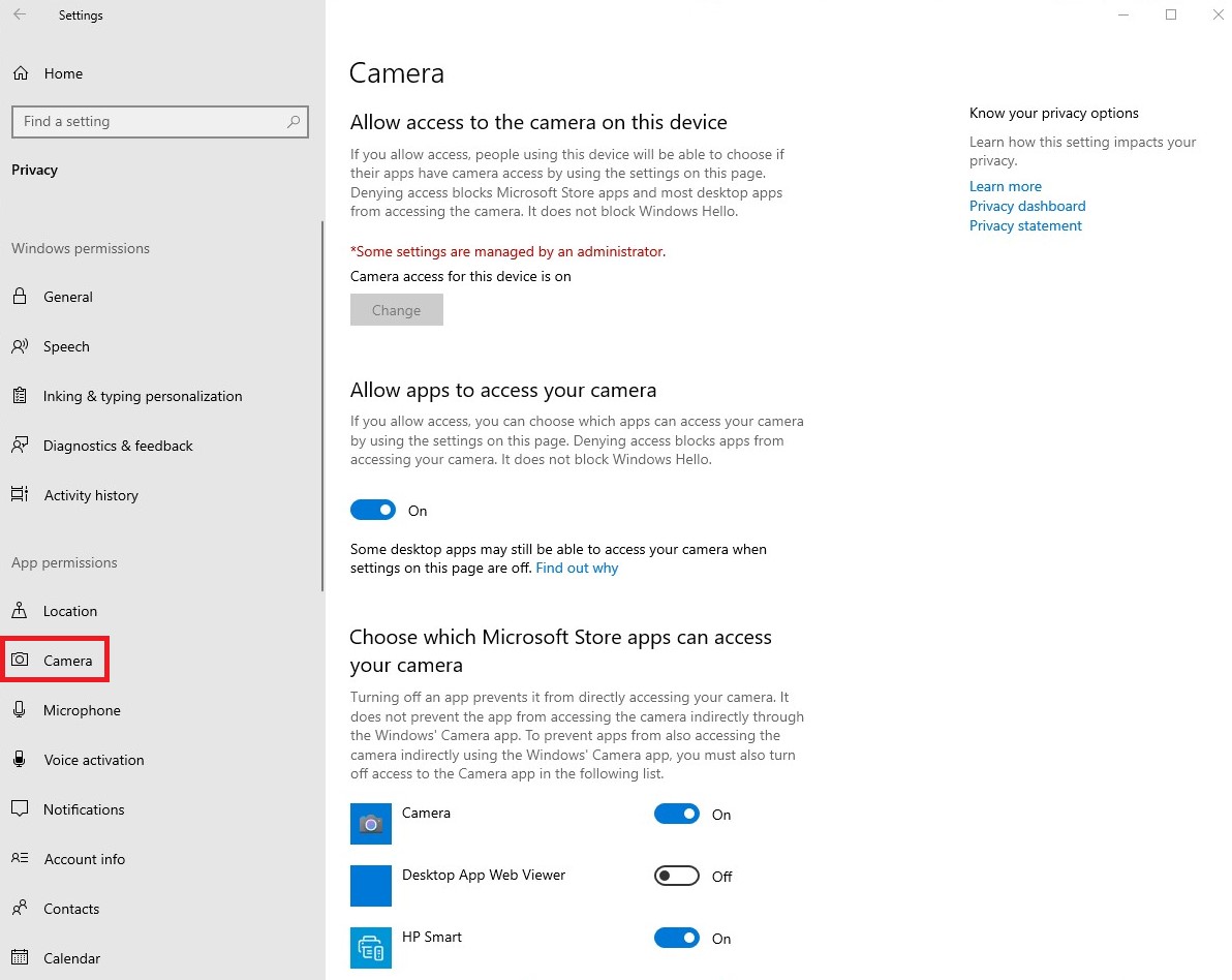 Windows Settings page showing camera access options and app permissions for device camera.