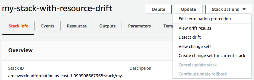 Il comando Detect drift for current stack (Rileva deviazione per stack corrente) selezionato nel menu Stack actions (Operazioni stack) per lo stack selezionato.