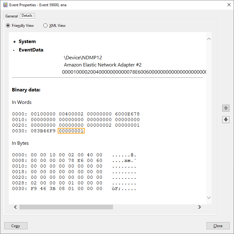 Esempio: l'ultima parola nella sezione Binary Data viene mostrata evidenziata.