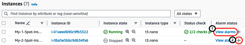 I controlli nella tabella Istanze della EC2 console per la visualizzazione e la creazione di allarmi. 1. Visualizza gli allarmi 2. Simbolo del segno più.