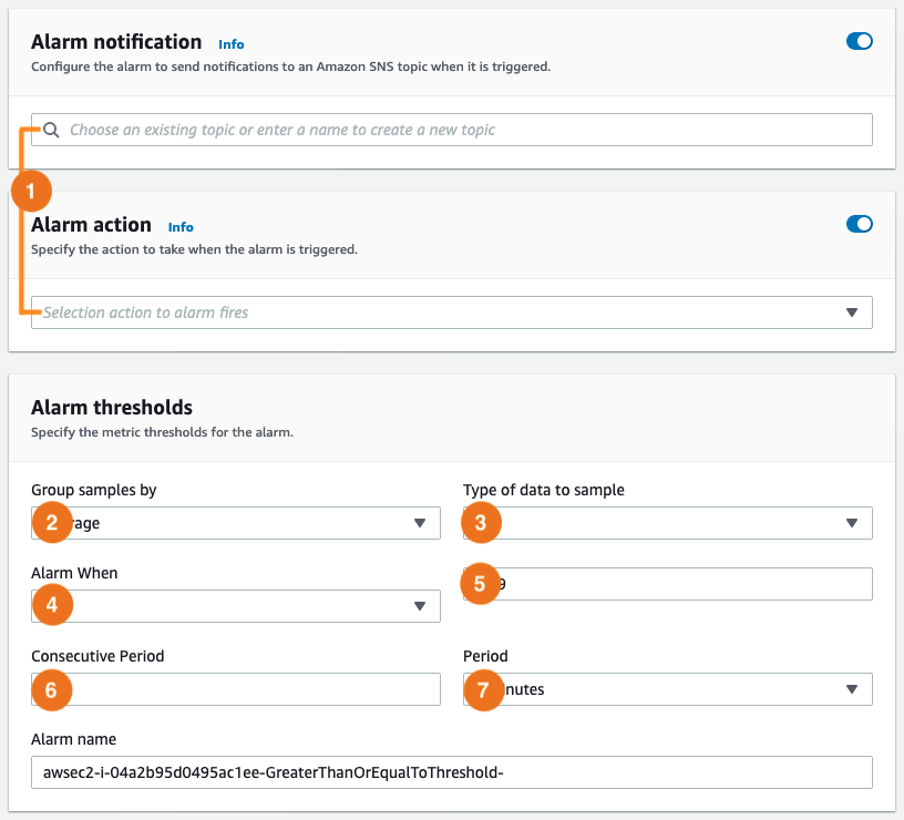 Pagina Manage Cloudwatch alarms (Gestisci allarmi Cloudwatch).