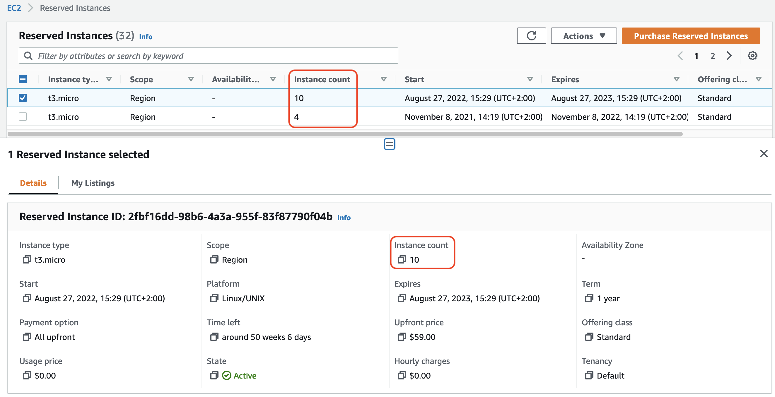 Questa immagine mostra la schermata Reserved Instances (Istanze riservate) nella console Amazon EC2. Il campo Instance count (Conteggio istanze) è delineato nella schermata.