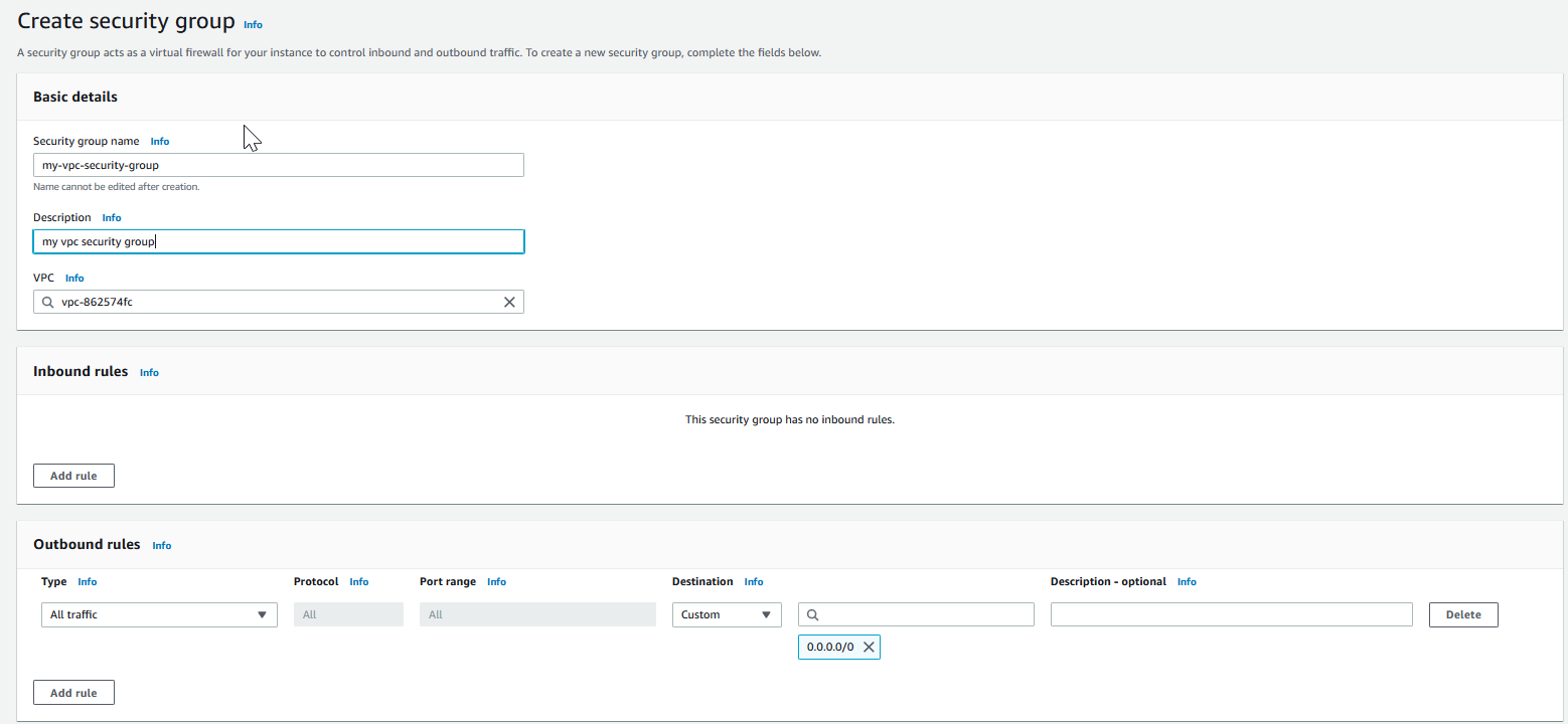 Immagine: Schermata Create Security Group (Crea un gruppo di sicurezza)