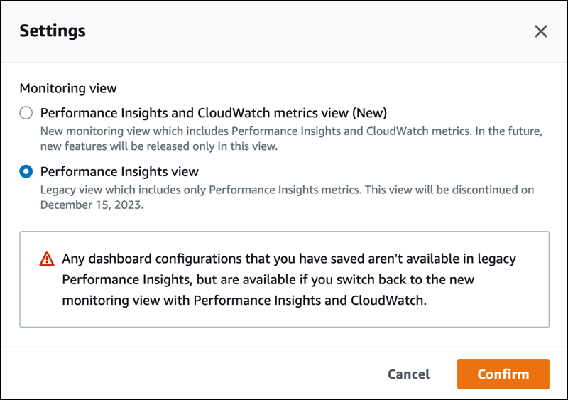 Finestra con l'opzione per la visualizzazione legacy di Performance Insights.