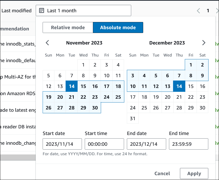 Consigli filtrati per periodo di tempo nella console