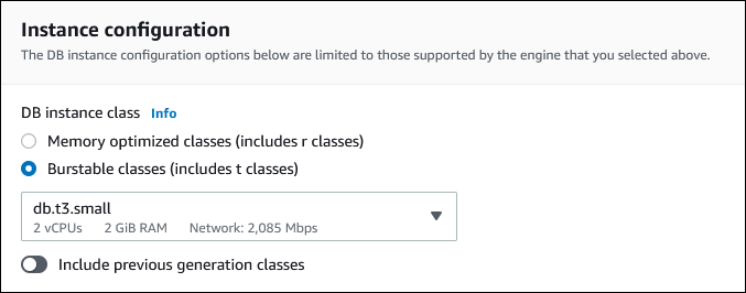 Sezione di configurazione dell'istanza