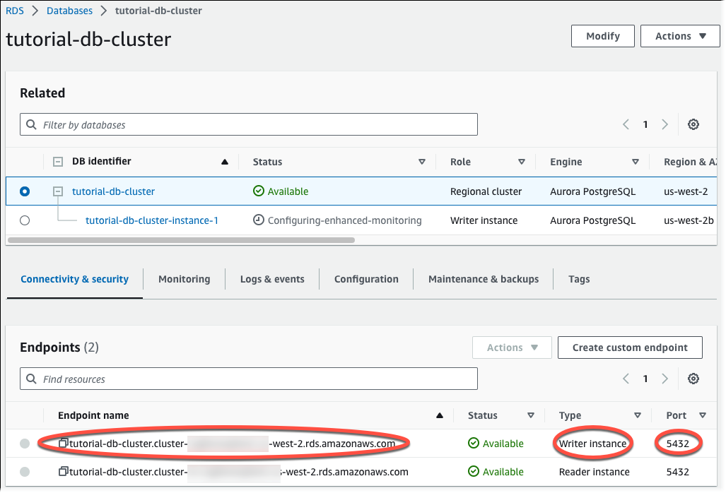 Dettagli del cluster di database